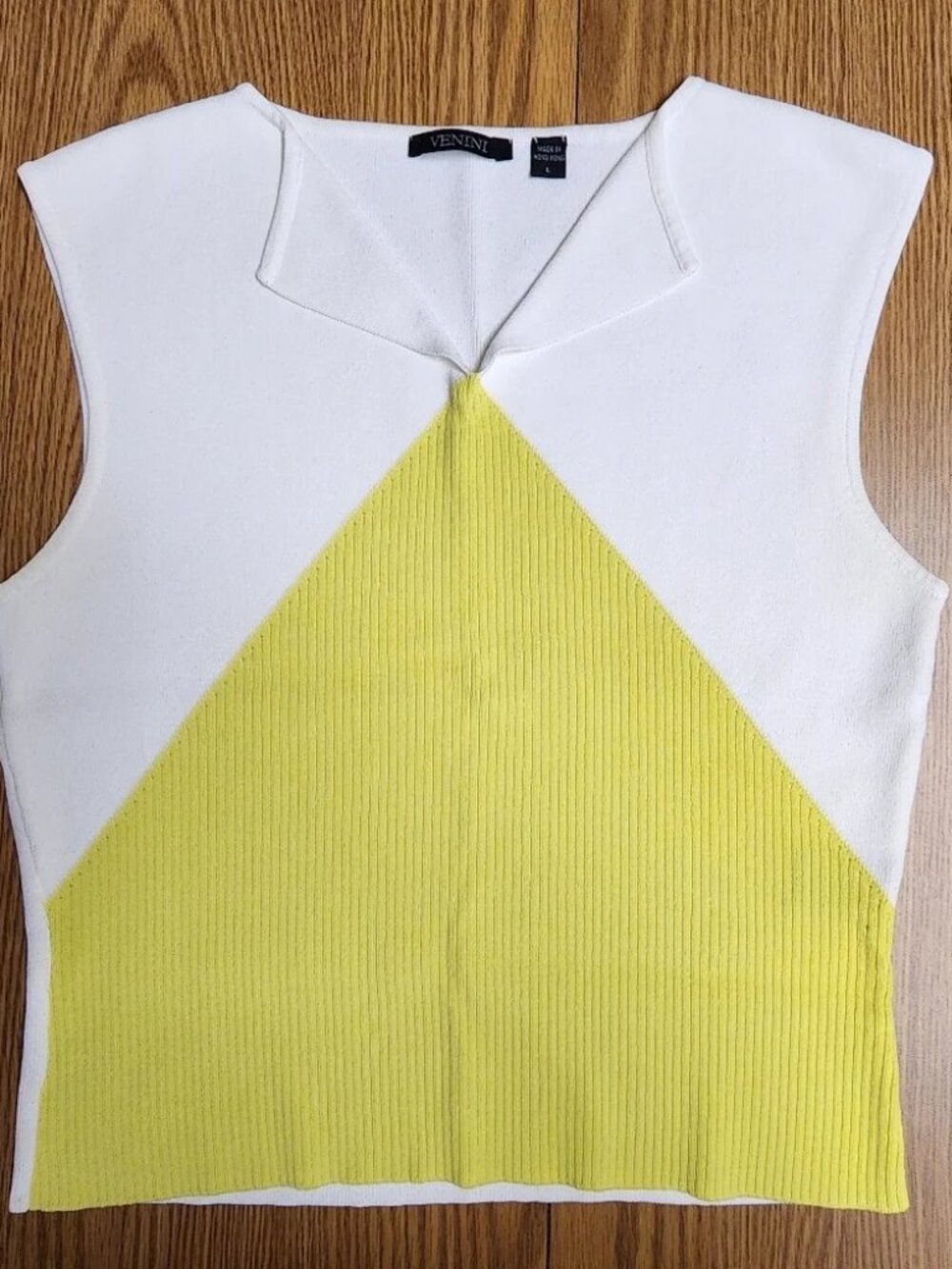 VENINI Sleeveless Pullover Knit Top White & Yellow Colorblock V-neck Womens Sz L